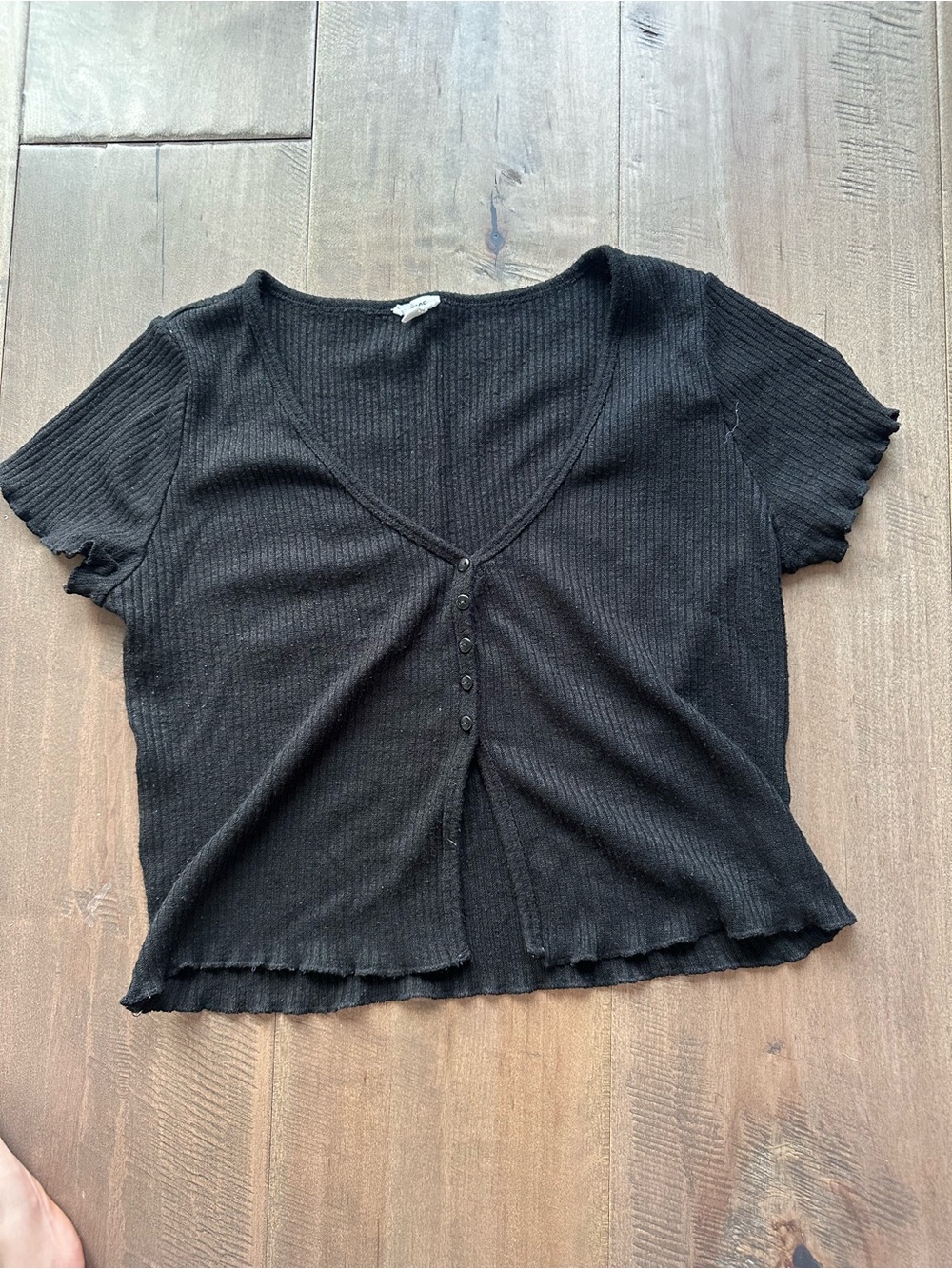 Garage Black Ribbed V-Neck Button Crop Top